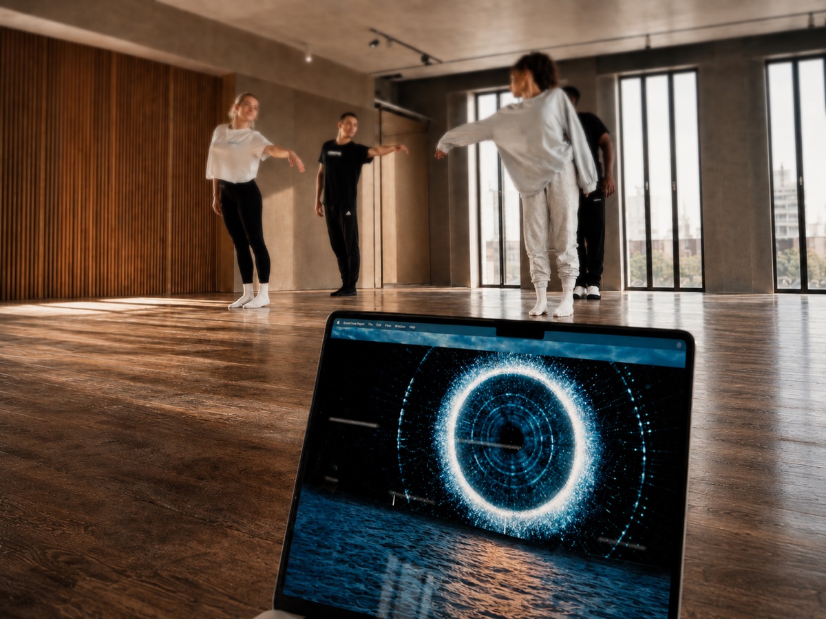 Performers rehearsing in a wood-floored studio, a laptop in the foreground showing a circular blue visual design.
