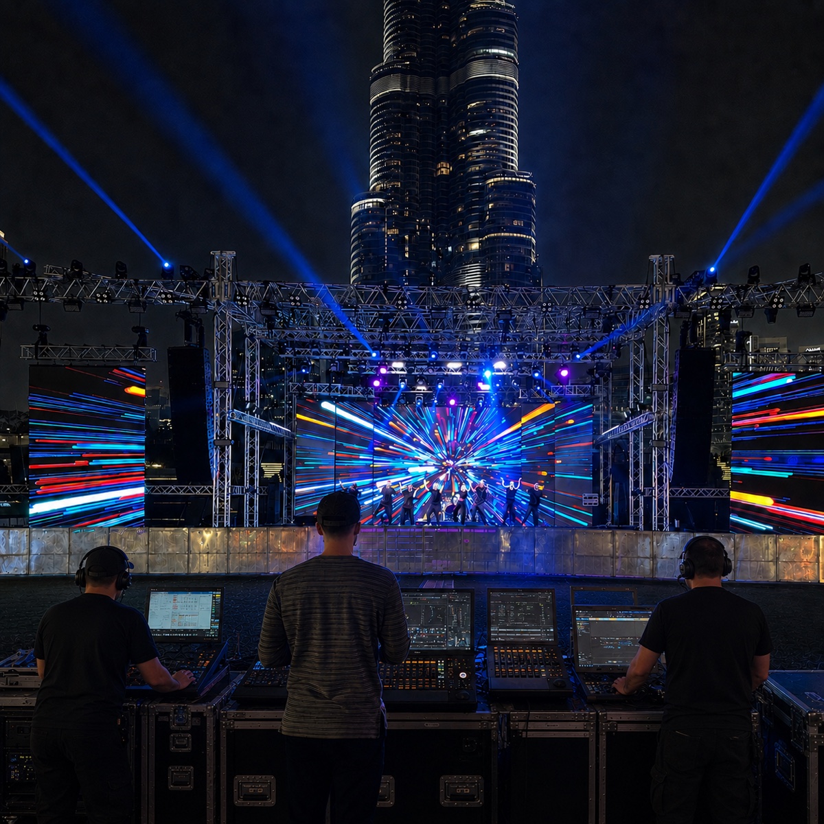 Three operators at lighting and sound desks facing a stage lit by fans of laser light, a high-rise tower behind.