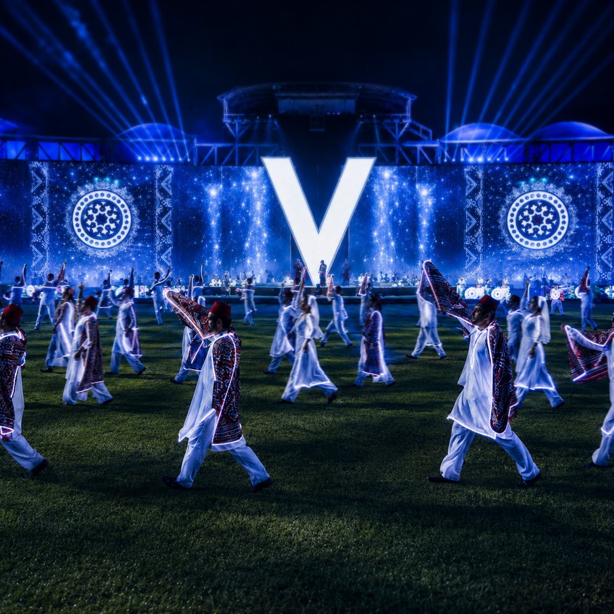 Performers in white costume spread across a stadium pitch in front of a large illuminated V.