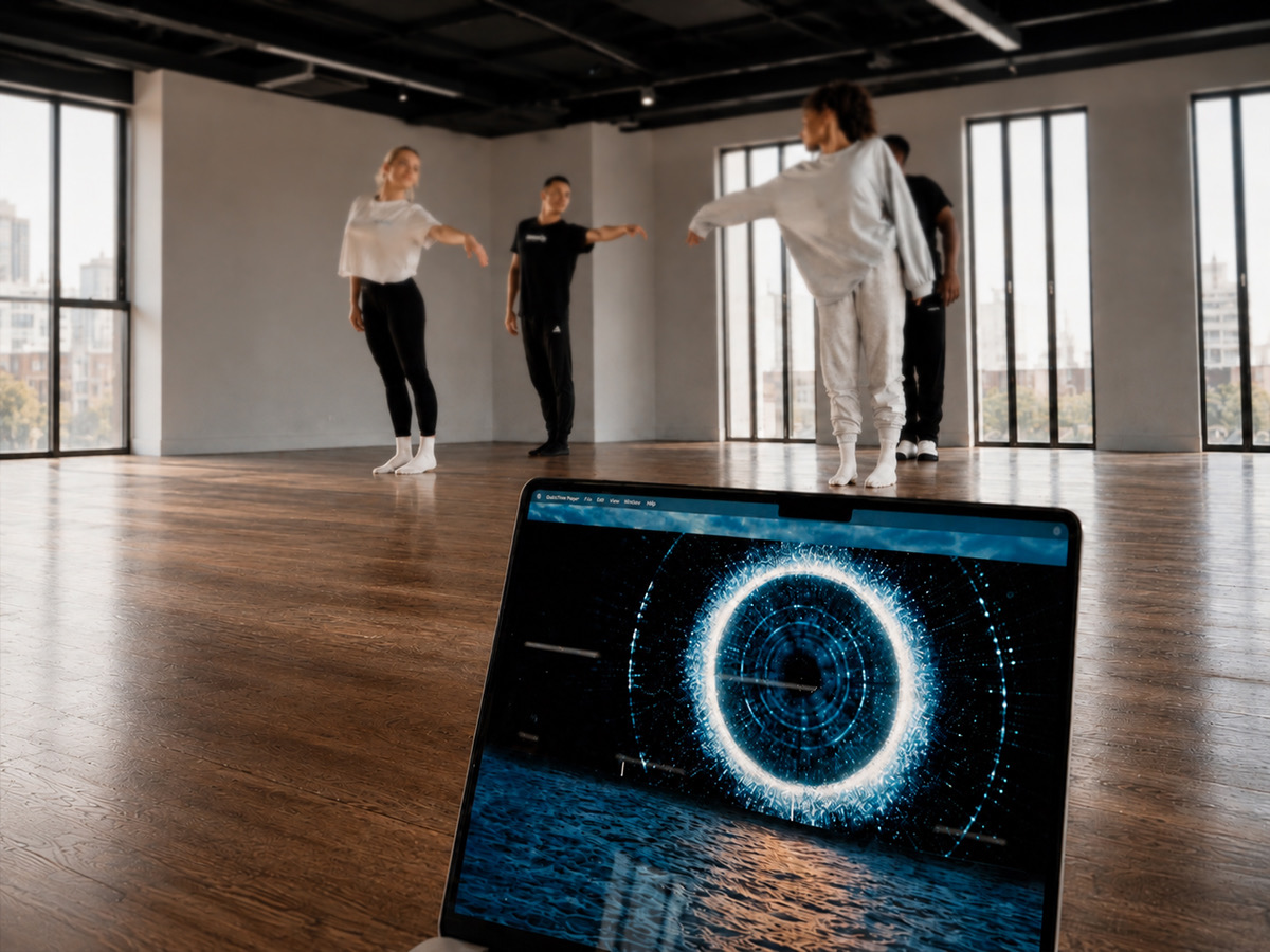 Performers rehearsing in a studio, a laptop in the foreground showing a circular blue visual design.