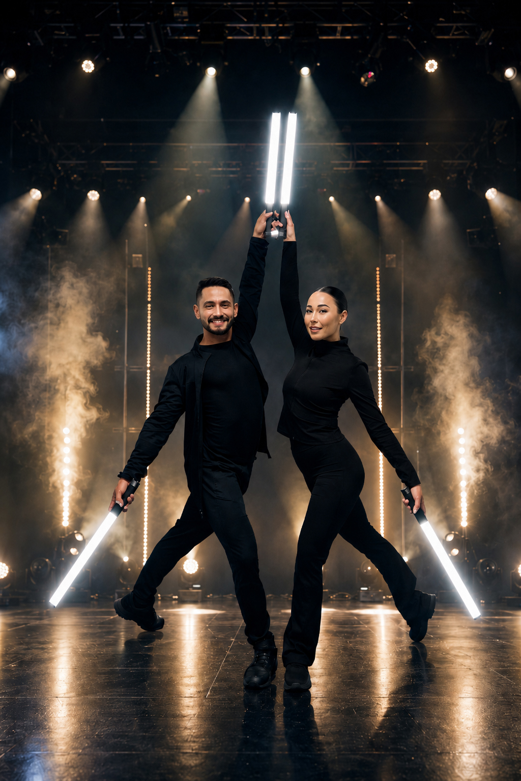Two performers in black holding illuminated tubes overhead on a smoke-lit stage.